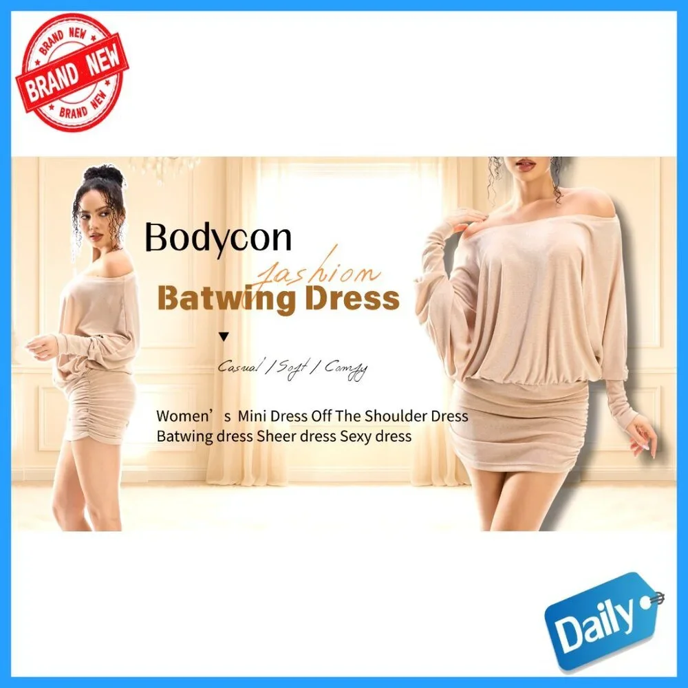 Long Sleeve Batwing Mini Dress Off Shoulder Ruched Sheer Oversized Casual